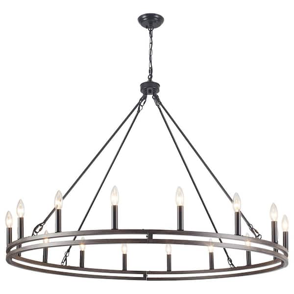 16-Light Black and Imitation Wood Grain Farmhouse Chandelier, Wagon Wheel Chandeliers for Dining Room