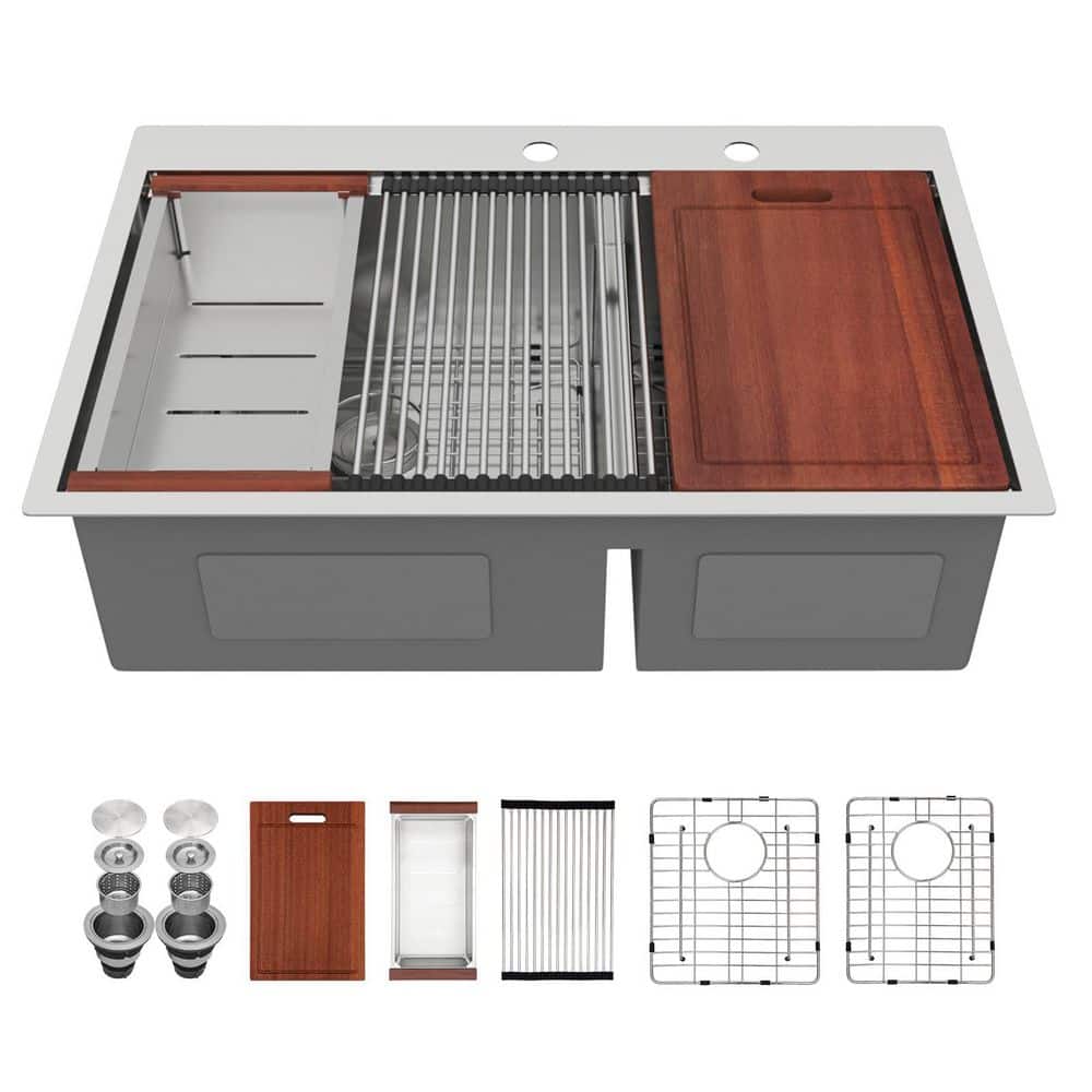 33 in. Top Mount/Drop-In Low Divider Double Bowl 16-Gauge Stainless Steel Round Corner Kitchen Sink with Strainer price history on PriceWatchPro
