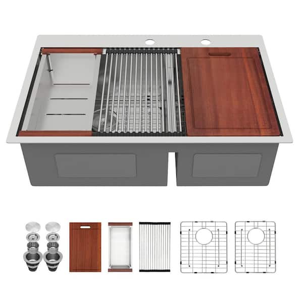 33 in. Top Mount/Drop-In Low Divider Double Bowl 16-Gauge Stainless Steel Round Corner Kitchen Sink with Strainer