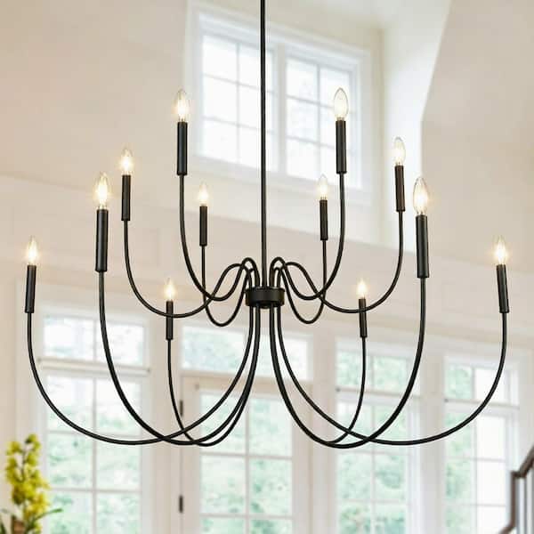47.2 in. 12-Light Matte Black Large Island Candlestick Chandelier 2-Tier Hanging Light for Living Room Dining Room Foyer