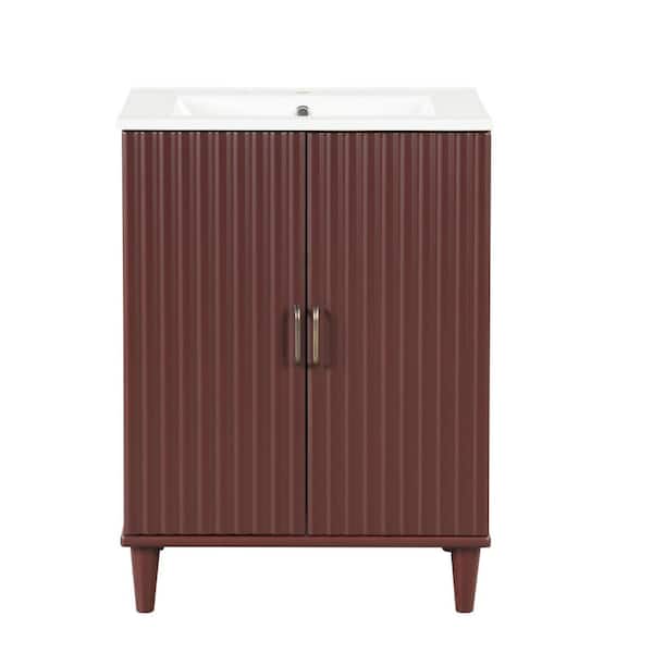 Aoibox 24 in. W x 18.3 in. D x 33.3 in. H Single Sink Freestanding Bathroom Vanity in Rosy with White Ceramic Top