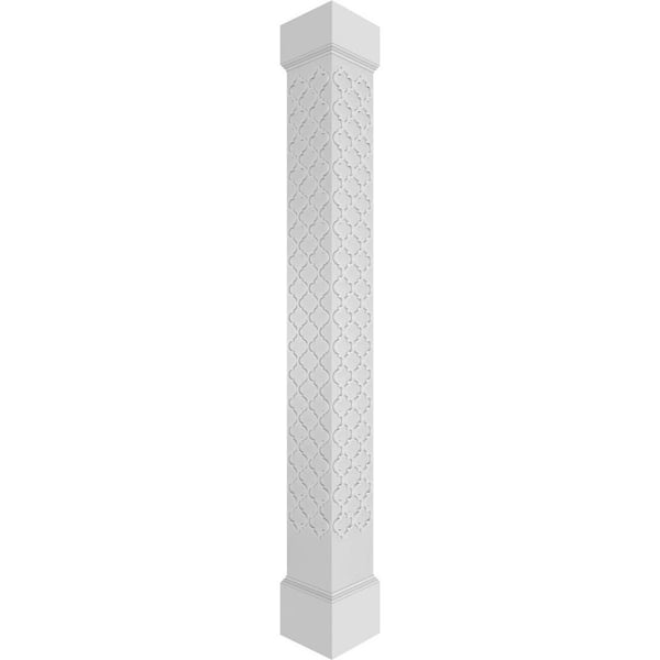 Ekena Millwork 11-5/8 in. x 8 ft. Premium Square Non-Tapered Medium Marrakesh Fretwork PVC Column Wrap Kit w/Mission Capital and Base