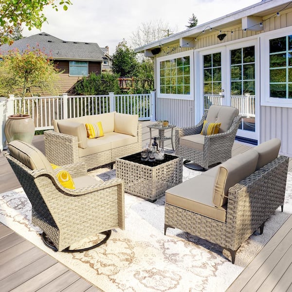 OVIOS Supery Gray 8-Piece Wicker Patio Conversation Set with Beige Cushions and Swivel Rocking Chairs