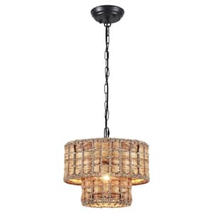 11.81 in. 1-Light Hemp Rope Drum Chandelier Light for Kitchen Island with No Bulbs Included