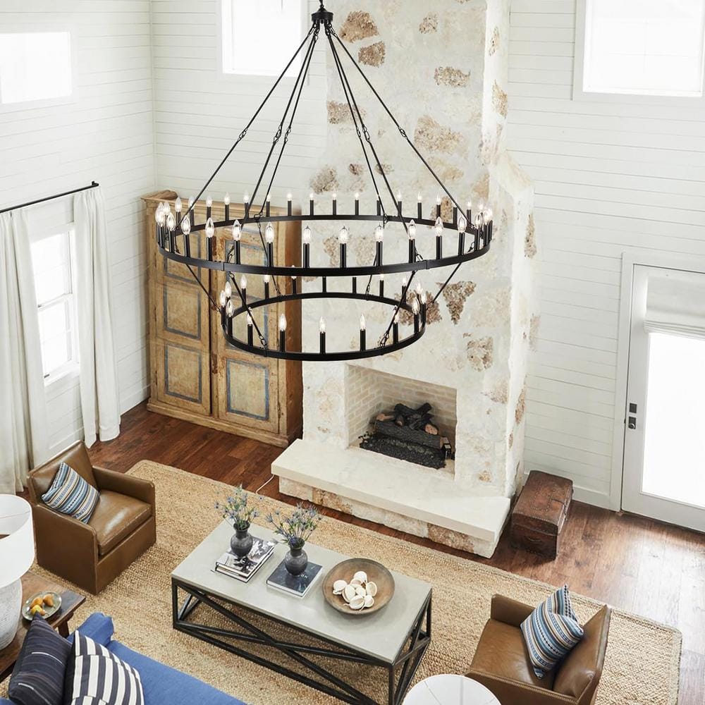 60-Inch Matte Black 2-Tier Wagon Wheel Chandelier with 54 Candle Lights