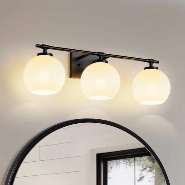 25 in. 3-Light Matte Black Globe Vanity Light with Opal White Glass Shade Dimmable for Bathroom and Powder Rooms