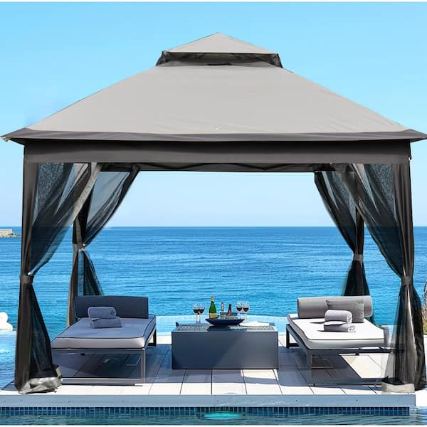 Xzkai 11 ft. x 11 ft. Gray Pop Up Gazebo Tent with Removable Zippered Netting, 2-Tier Soft Top Event Tent