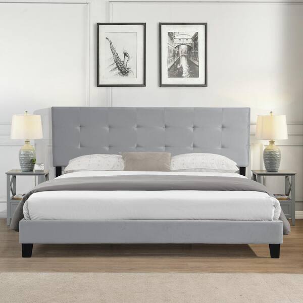 GODEER 87.00 in. W Gray Velvet Wood Frame King Size Platform Bed with Pull  Point Tufted Headboard W31136120LXL - The Home Depot