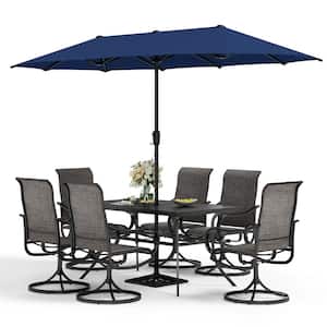 Black 8-Piece Metal Rectangle Patio Outdoor Dining Set with Table, Umbrella and Textilene Swivel Chairs
