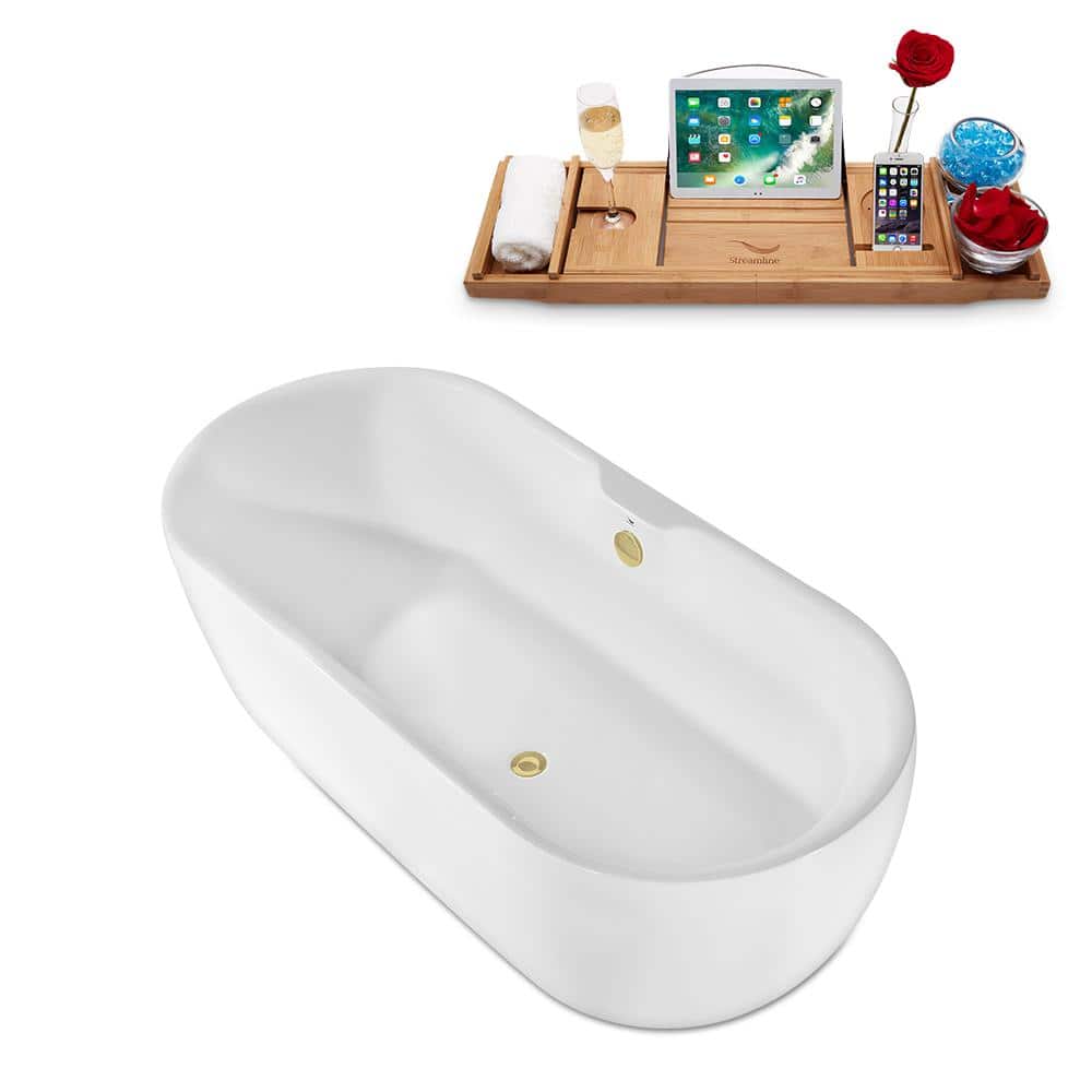 67" Glossy White Acrylic Freestanding Soaking Bathtub with Polished Brass Drain