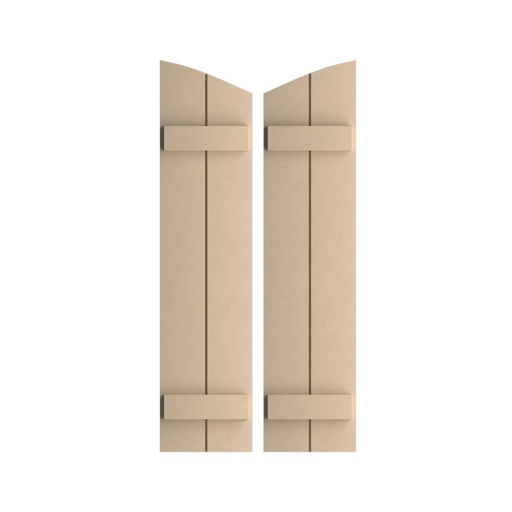 11 in. x 58 in. Polyurethane Smooth 2-Board Joined Board-n-Batten Elliptical Top Shutters, Primed Tan