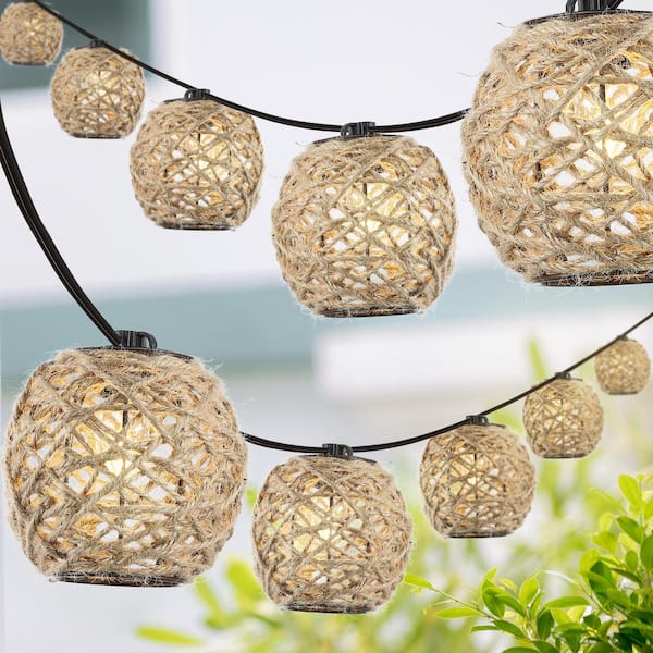 Oahu 10-Light 10 ft. Indoor/Outdoor Plug-In Rustic Coastal LED C7 Globe Hemp Rope Shaded String-Light, Light Brown