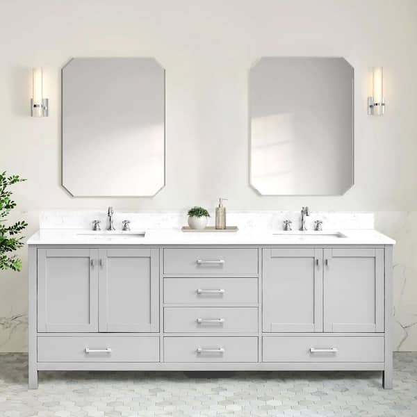 Bath Mist 84 in. W. Double Sink Freestanding Bath Vanity in Gray with White Engineered Top
