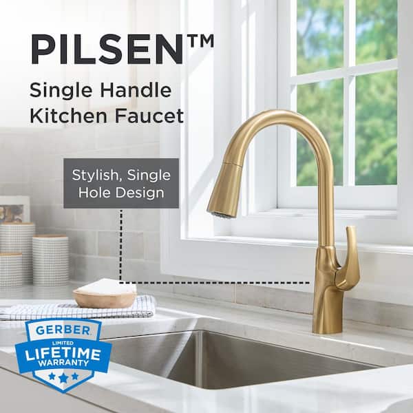 Pilsen Single Handle Pull Down Sprayer Kitchen Faucet with Deck Plate with Soap Dispenser in SpotArmor Brushed Gold