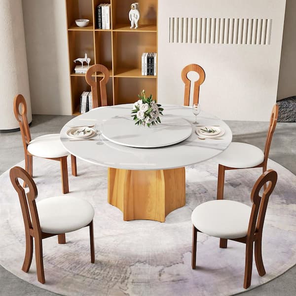 59.05 in. White Round Rotary Lazy Susan Dining Table Sintered Stone Tabletop with Walnut Pedestal Base (Seats-8)