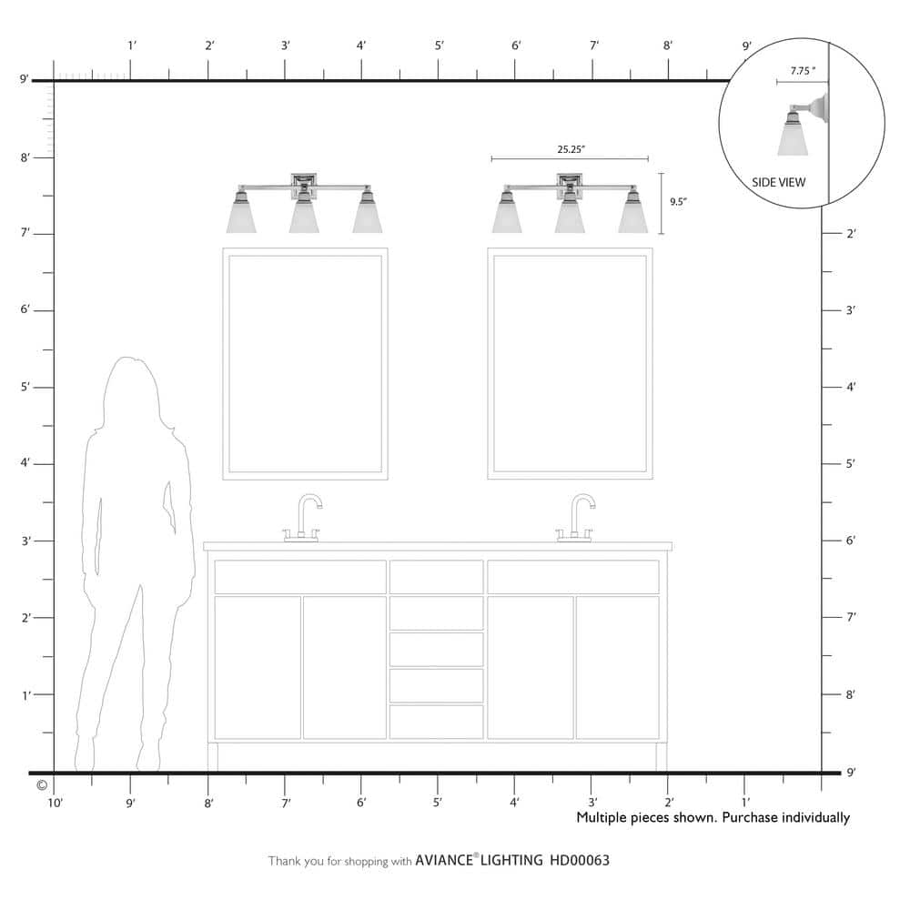 Brushed Nickel 3-Light Bathroom Vanity with Satin Glass Shades