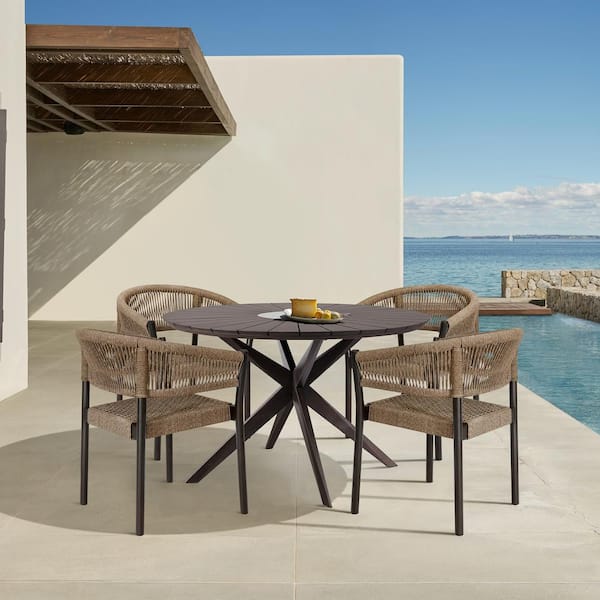 Armen Living Oasis and Doris Truffle 5-Piece Wood Round Outdoor Dining Set