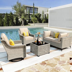 Thor 6-Piece Wicker Patio Conversation Seating Sofa Set with Beige Cushions and Swivel Rocking Chairs