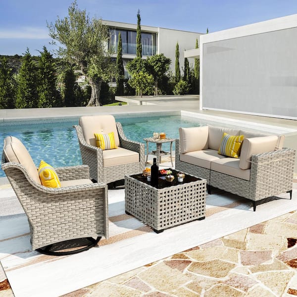XIZZI Thor 6-Piece Wicker Patio Conversation Seating Sofa Set with Beige Cushions and Swivel Rocking Chairs