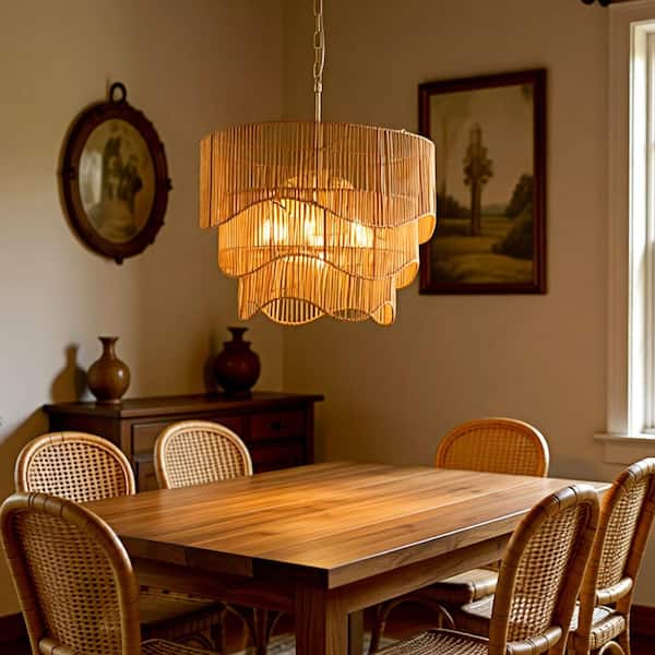 Boswel 7 Light Retro Style 3-Tier Rattan Gold Chandelier for Living Room, Dinning Room, No Bulbs Included