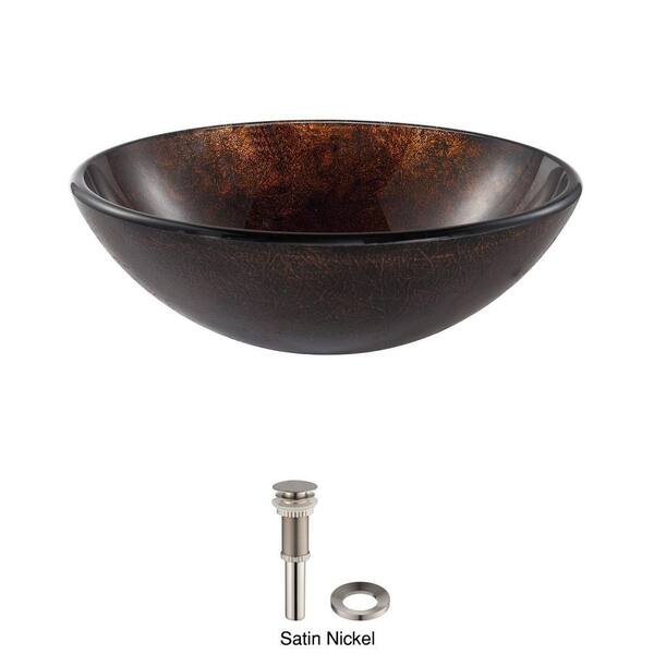 KRAUS Pluto Glass Vessel Sink in Brown with Pop up Drain and Mounting Ring in Satin Nickel