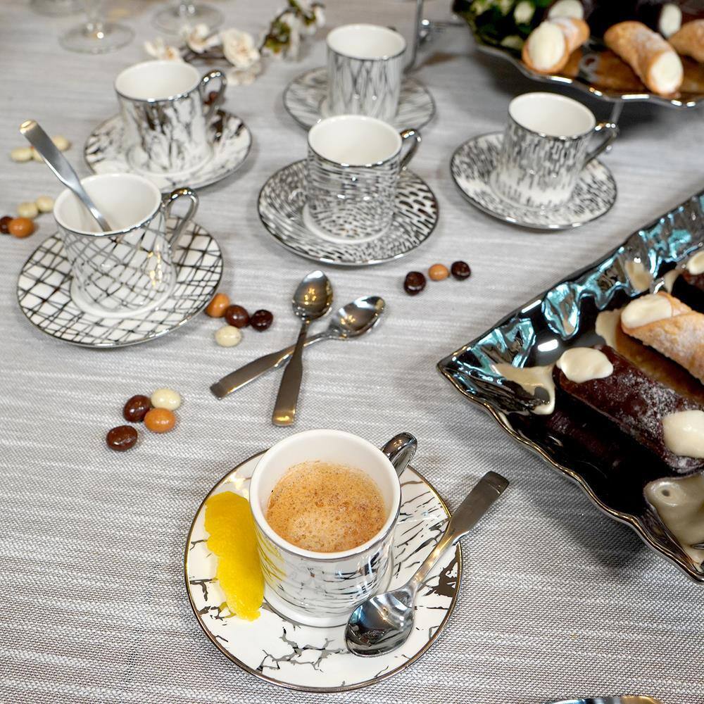 Matrix Silver Ceramic Espresso Cup and Saucer Set of 6
