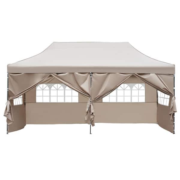 JUJABU 10 ft. x 20 ft. Khaki Pop Up Canopy Tent Heavy Duty UV and Waterproof Protection Party Tent with 6 Sidewalls Roller Bag