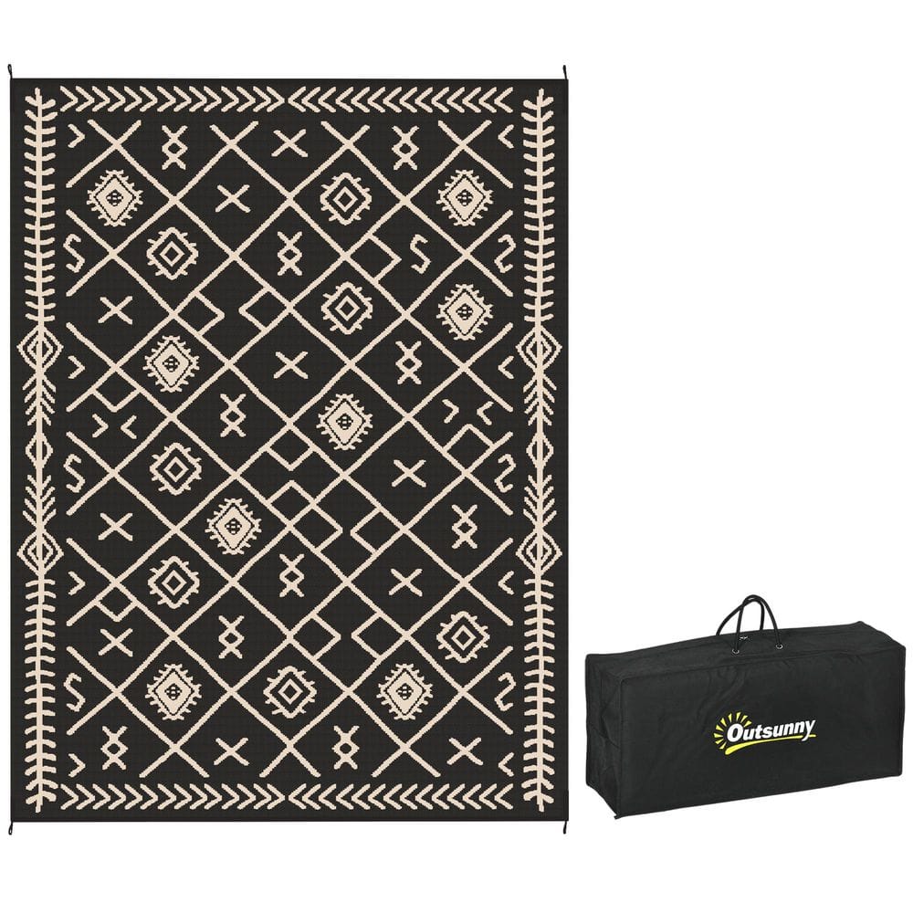 Black and Beige Rhombus 9 ft. x 12 ft. Waterproof Plastic Straw Floor Mat L