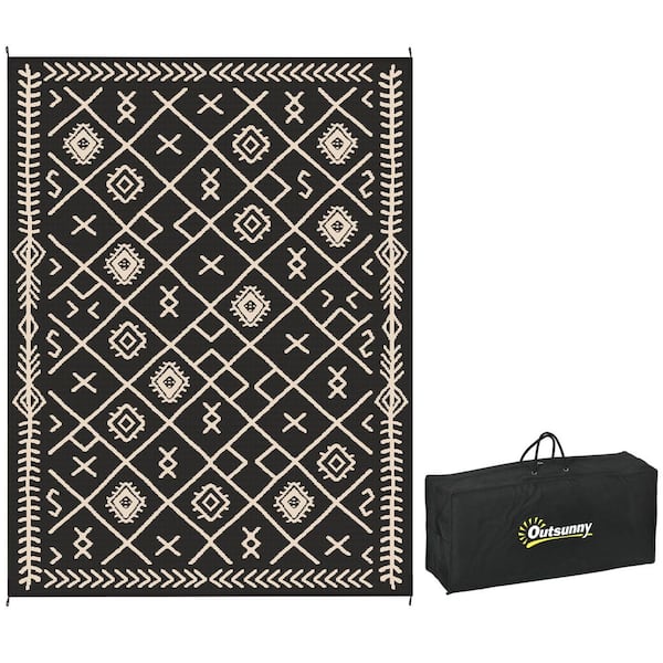 Black and Beige Rhombus 9 ft. x 12 ft. Waterproof Plastic Straw Floor Mat Large Reversible Outdoor Rug Area Rug