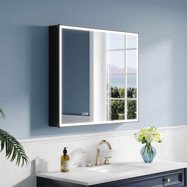 ANGELES HOME 36 in. W. x 30 in. H Rectangular Black Aluminum Recessed/Surface Mount LED Medicine Cabinet with Mirror, Double Doors