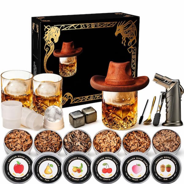 18-Piece Black Stainless Steel Whiskey Smoker Kit with Torch and 6 Wood Chips Cocktail Bar Tool Set