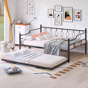 Black Metal Twin Size Daybed with Adjustable Portable Folding Trundle-A (40.75in. W x 35.5 in. H)