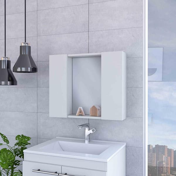 White 23.6 in W x 19.5 in. H Coastal Rectangle Wood Framed Mirror Wall Mirror Vanity Mirror
