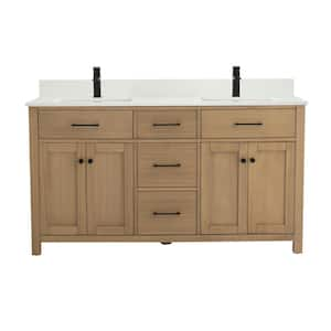 Jacklyn 61 in. W x 22 in. D x 33.75 in. H Double Freestanding Bathroom Vanity in White Oak with Quartz Countertop