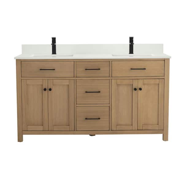 BATHLYN Jacklyn 61 in. W x 22 in. D x 33.75 in. H Double Freestanding Bathroom Vanity in White Oak with Quartz Countertop