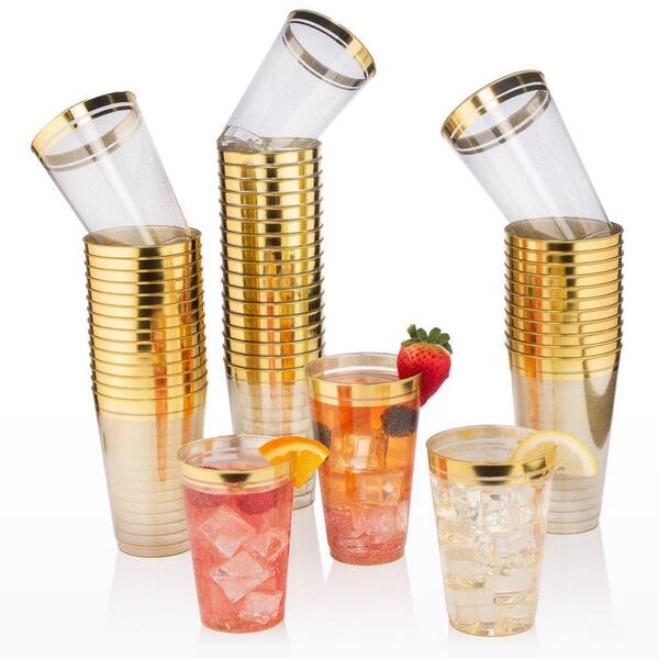 PERFECT SETTINGS 14 oz. 2 Line Gold Rim Gold Glitter Disposable Plastic  Cups, Party, Cold Drinks, (100/Pack) GLTR14OZ