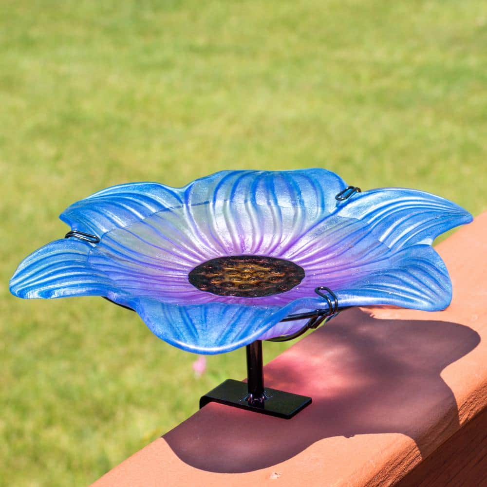 Blue Glass Flower Bird Bath with Copper Stake and Black Clamp