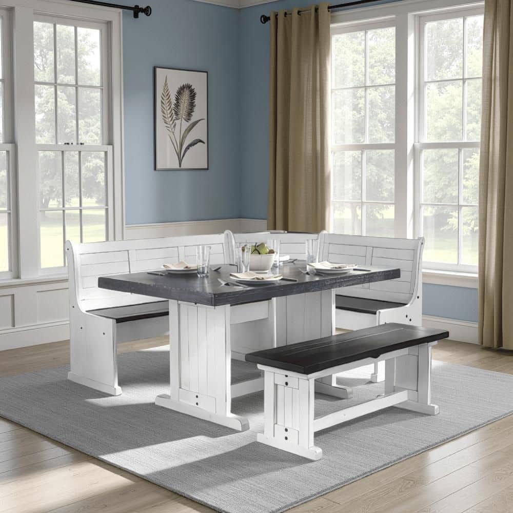 Benjara Orso 4-Piece Rectangle White and Brown Wood Top Trestle Dining ...