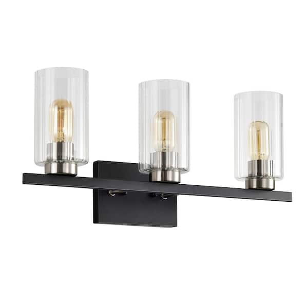 Edvivi 23.5 in. 3-Light Matte Black and Brushed Nickel Vanity Light with Clear Beveled Glass Shades