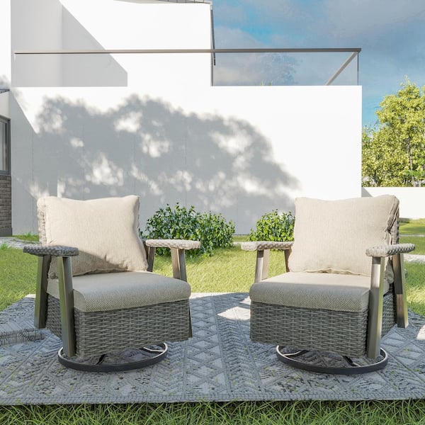 Wicker Patio Outdoor Rocking Chair Swivel Lounge Chair with Beige Cushion (2-Pack)