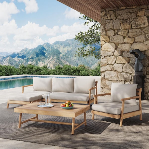 Galena Modern Outdoor 4-Piece Solid Wood Patio Conversation Set with Beige Cushions, Coffee Table, Teak Finish