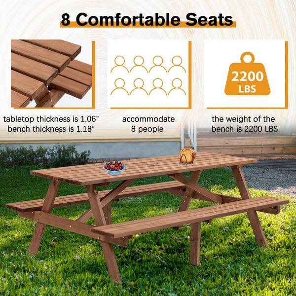 75 in. Dark Brown Rectangle Wood Picnic Tables with 2-Benches and