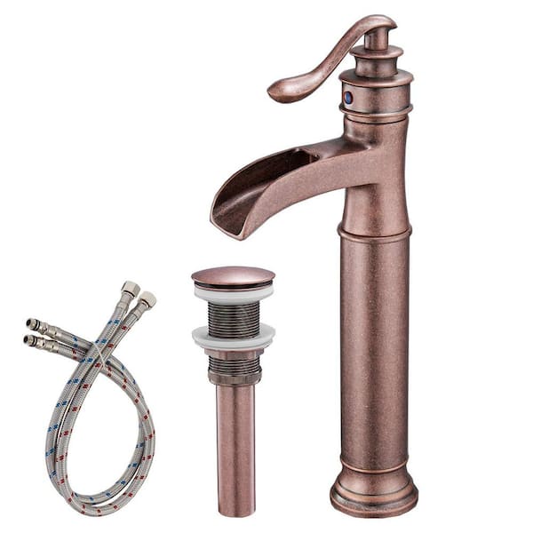 FORCLOVER Single Hole Single Handle Waterfall Bathroom Vessel Sink Faucet with Pop-up Drain Assembly in Antique Copper