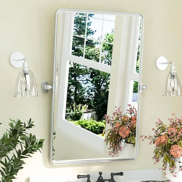 KeonJinn 24 in. W x 36 in. H Rectangular Framed Tilt Wall Bathroom Vanity Mirror in Stain Nickel Pivot Aluminum Mirror Wall Mount