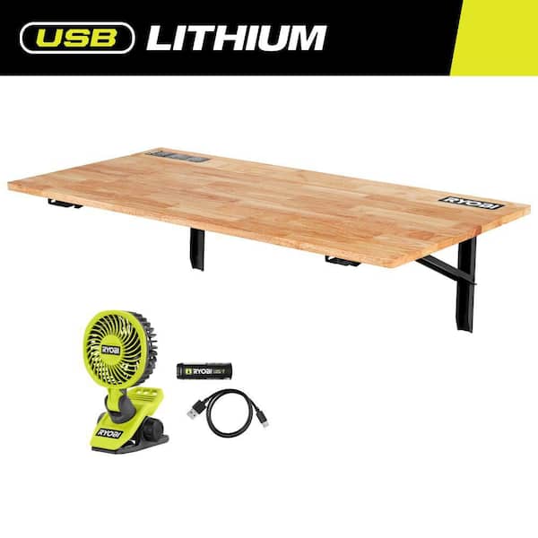 Wall Mounted Stow Away Worktable with USB Lithium Clamp Fan Kit with 2.0 Ah USB Lithium Battery and Charging Cable