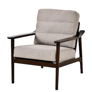 Taupe Linen Upholstered Armchair with Back Pillow, Solid Wood Frame and Soft Cushions