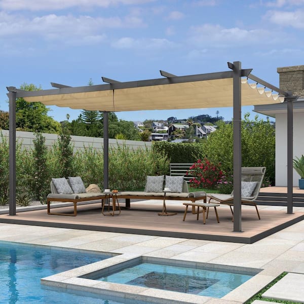 12 ft. x 16 ft. Gray Aluminum Frame Outdoor Patio Pergola Gazebo with Beige Retractable Sun Shade Canopy for Garden