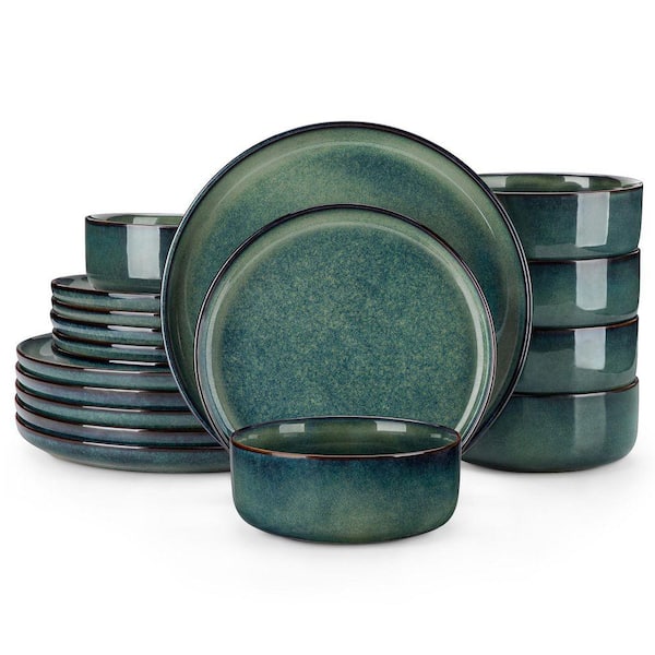 18-Piece Green Stoneware Dinnerware Set Service Set for 6 Bowls and Plates Set