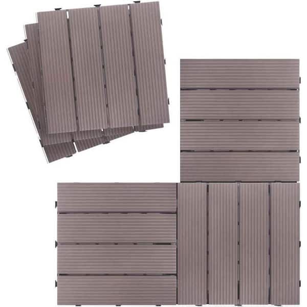 Unbranded 12 in. x 12 in. Coffee Outdoor Four Slat Plastic Composite Interlocking Flooring Tiles (9-Pieces)
