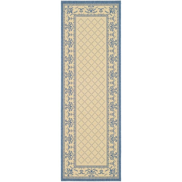 SAFAVIEH Courtyard Natural/Blue 2 ft. x 7 ft. Border Indoor/Outdoor Patio  Runner Rug